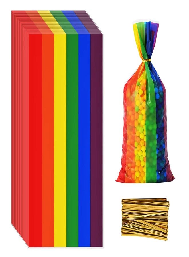 Lecpeting 100 Pcs Rainbow Treat Bags Rainbow Stripes Print Cellophane Candy Bags with Twist Ties for Baby Shower Birthday Party Supplies - Image 1